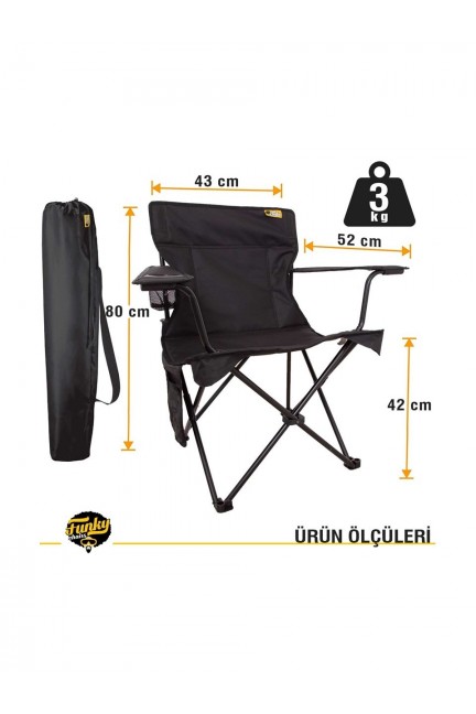 Funky Chairs V2 Siyah Lüks Kamp Sandalyesi XL Katlanabilir PVC Kumaş ve Bardaklık Özellikli